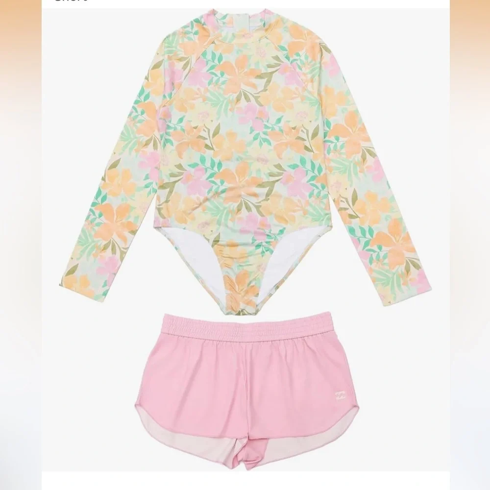 NWT Billabong Girls 2-Piece Swim Floral Rash Guard Bodysuit Shorts Pink